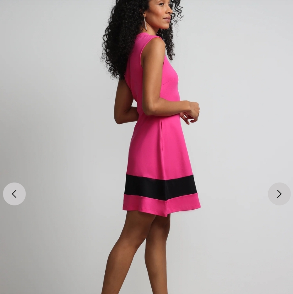 NWT NY & C Contrast Stripe Shoulder-Button Flare Pink and Black Sleeveless Dress - Picture 3 of 8
